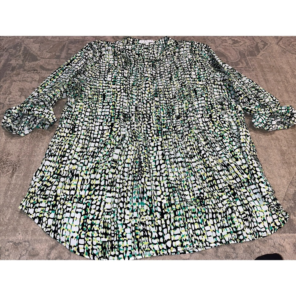 CHAUS New York Women's Green Black Multi 1/2 Button Blouse Size‎ XL X-large